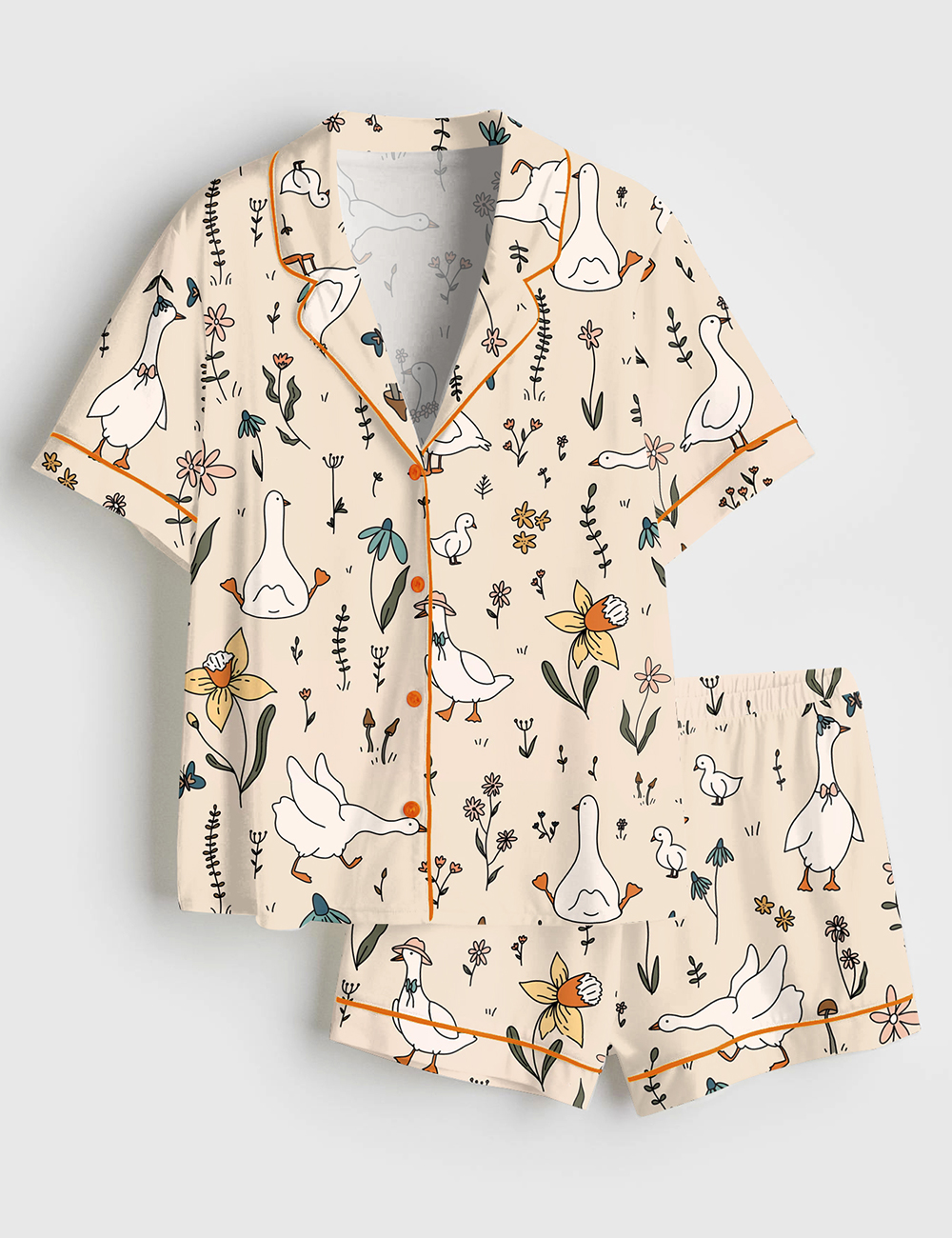 Womenâ€™s Silly Goose Hand Drawn Art Geese Farm Cute Animal Print Short Sleeve Satin Pajama Set