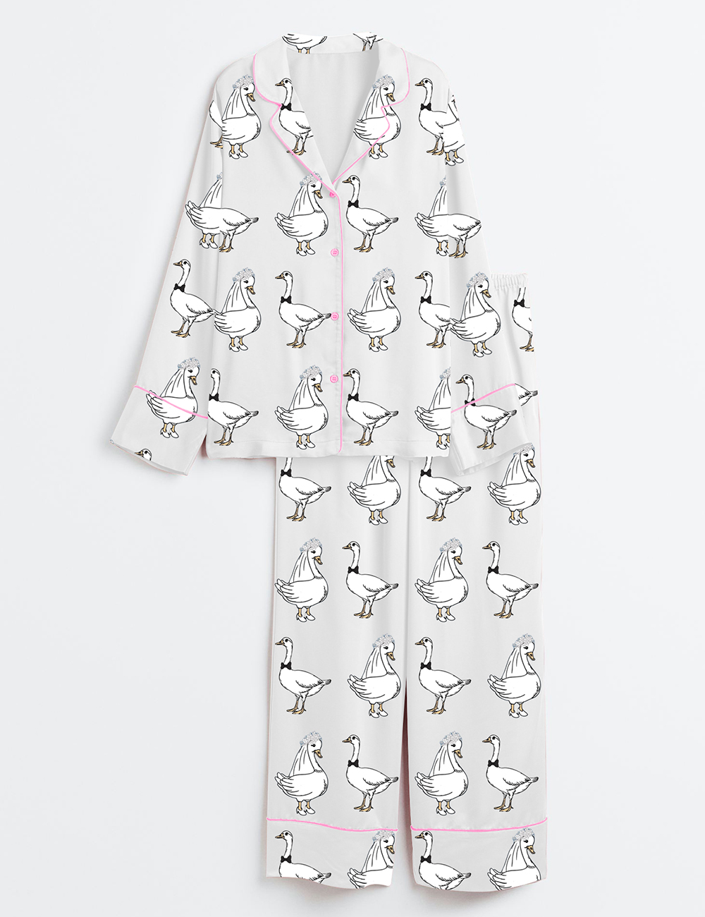 Womenâ€™s Silly Goose Newlyweds Honeymooning Married Couple Anniversary Wedding Party Long Sleeve Satin Pajama Set