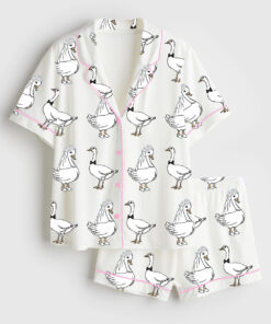 Women's Silly Goose Newlyweds Honeymooning Married Couple Anniversary Wedding Party Short Sleeve Satin Pajama Set