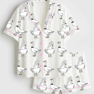 Womenâ€™s Silly Goose Newlyweds Honeymooning Married Couple Anniversary Wedding Party Short Sleeve Satin Pajama Set