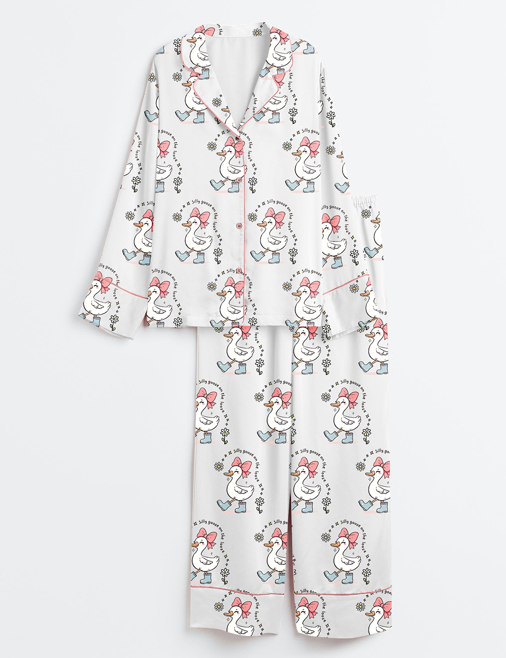 Womenâ€™s Silly Goose On The Loose Funny Farm Animal Print Long Sleeve Satin Pajama Set