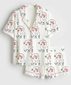 Women's Silly Goose On The Loose Funny Farm Animal Print Short Sleeve Satin Pajama Set