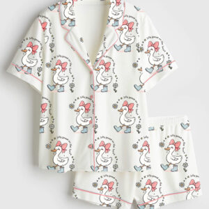 Womenâ€™s Silly Goose On The Loose Funny Farm Animal Print Short Sleeve Satin Pajama Set