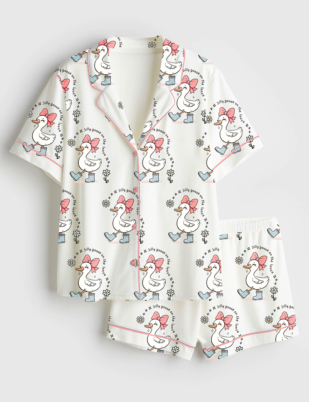 Womenâ€™s Silly Goose On The Loose Funny Farm Animal Print Short Sleeve Satin Pajama Set