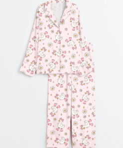 Women's Silly Goose Repeating Goose Pattern Cute Pink Duck Print Long Sleeve Satin Pajama Set