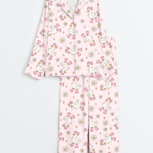 Womenâ€™s Silly Goose Repeating Goose Pattern Cute Pink Duck Print Long Sleeve Satin Pajama Set