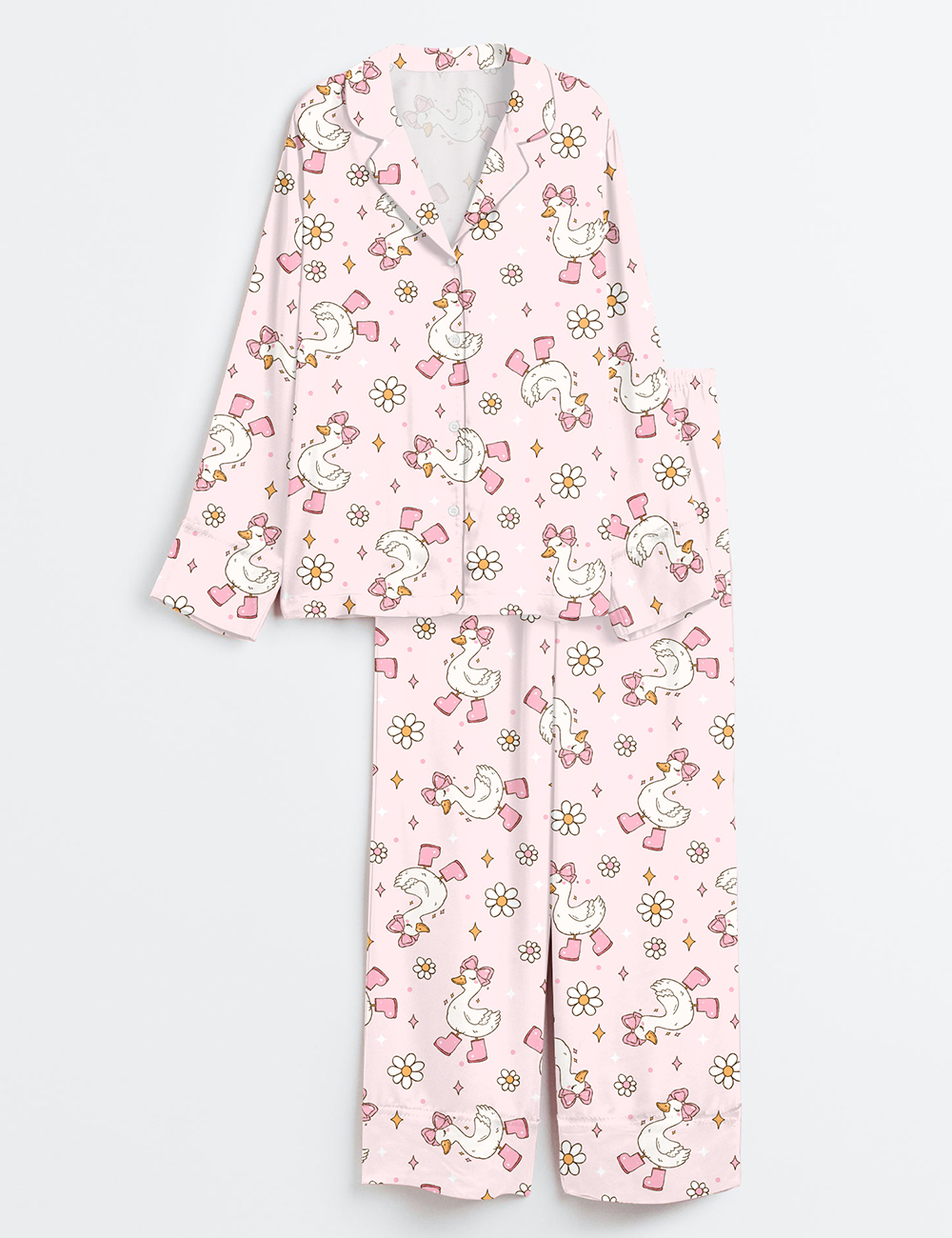 Womenâ€™s Silly Goose Repeating Goose Pattern Cute Pink Duck Print Long Sleeve Satin Pajama Set