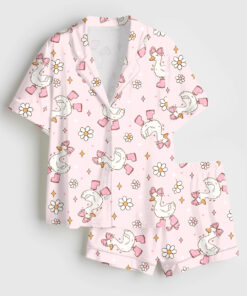 Women's Silly Goose Repeating Goose Pattern Cute Pink Duck Print Short Sleeve Satin Pajama Set