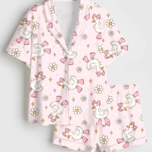 Womenâ€™s Silly Goose Repeating Goose Pattern Cute Pink Duck Print Short Sleeve Satin Pajama Set