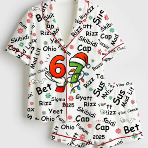 Women's Six Seven Meme Gen Z Slang Funny Teenager Meme Short Sleeve Silky Satin Pajama Set