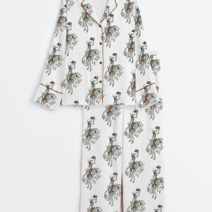 Women's Skeleton Cowboy Riding Skeleton Horse Gothic Western Halloween Long Sleeve Satin Pajama Set