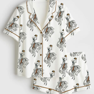Womenâ€™s Skeleton Cowboy Riding Skeleton Horse Gothic Western Halloween Short Sleeve Satin Pajama Set