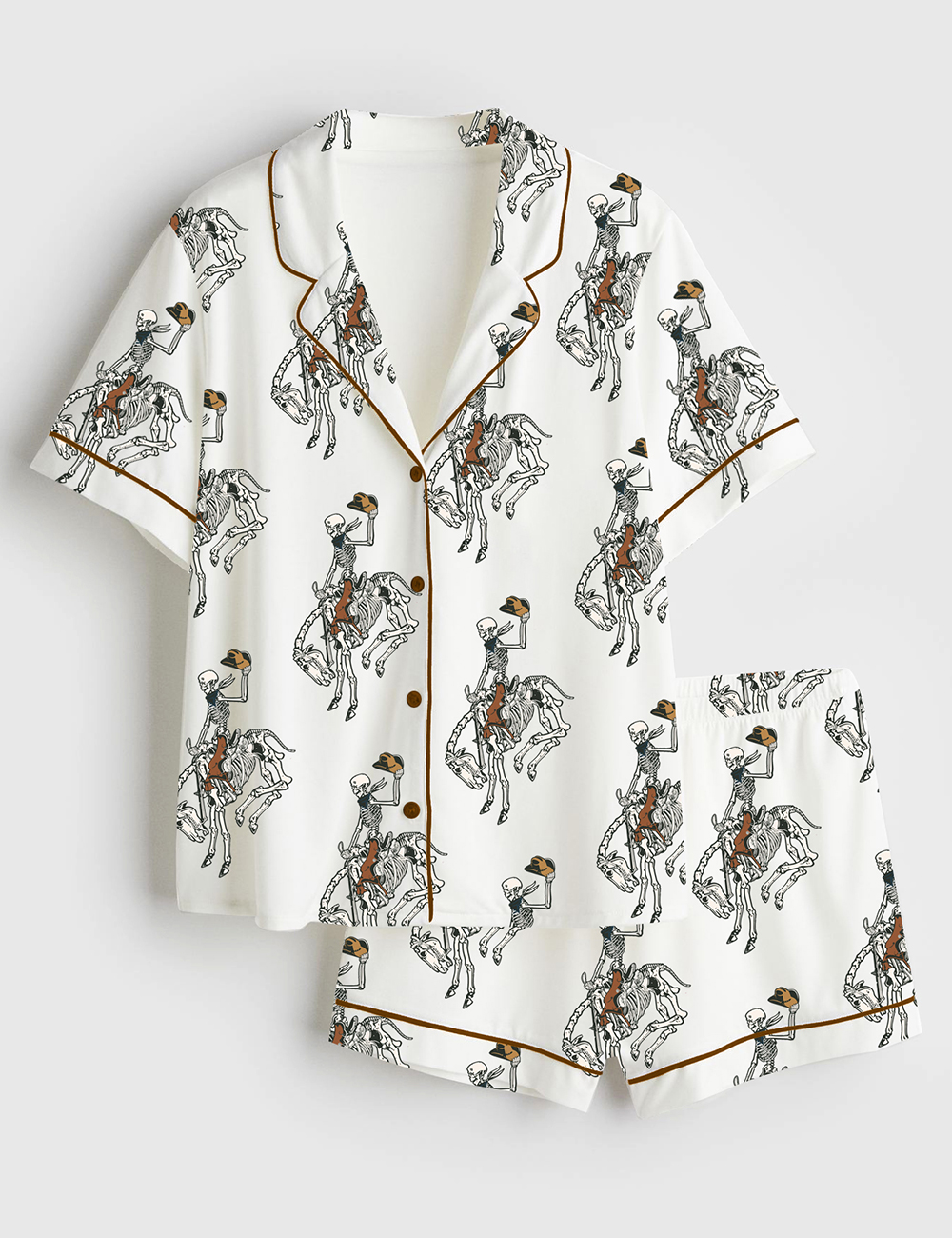 Womenâ€™s Skeleton Cowboy Riding Skeleton Horse Gothic Western Halloween Short Sleeve Satin Pajama Set