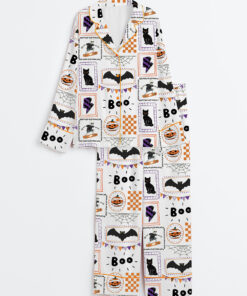 Women's Skeleton Halloween Pumpkin Halloween Bat Ghost Boo Cat Print Long Sleeve Satin Pajama Set