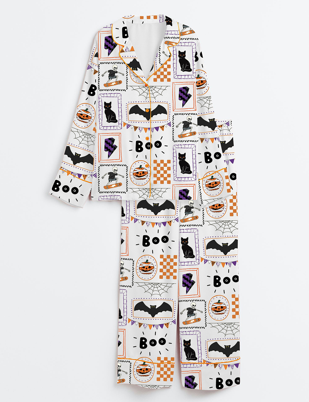 Womenâ€™s Skeleton Halloween Pumpkin Halloween Bat Ghost Boo Cat Print Long Sleeve Satin Pajama Set