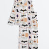 Women's Skeleton Halloween Pumpkin Halloween Bat Ghost Boo Cat Print Long Sleeve Satin Pajamas Set