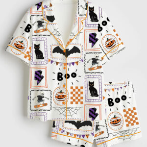 Women's Skeleton Halloween Pumpkin Halloween Bat Ghost Boo Cat Print Short Sleeve Satin Pajama Set