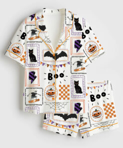 Women's Skeleton Halloween Pumpkin Halloween Bat Ghost Boo Cat Print Short Sleeve Satin Pajama Set