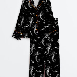 Womenâ€™s Skeleton Mermaid Spooky Season Halloween Long Sleeve Satin Pajama Set
