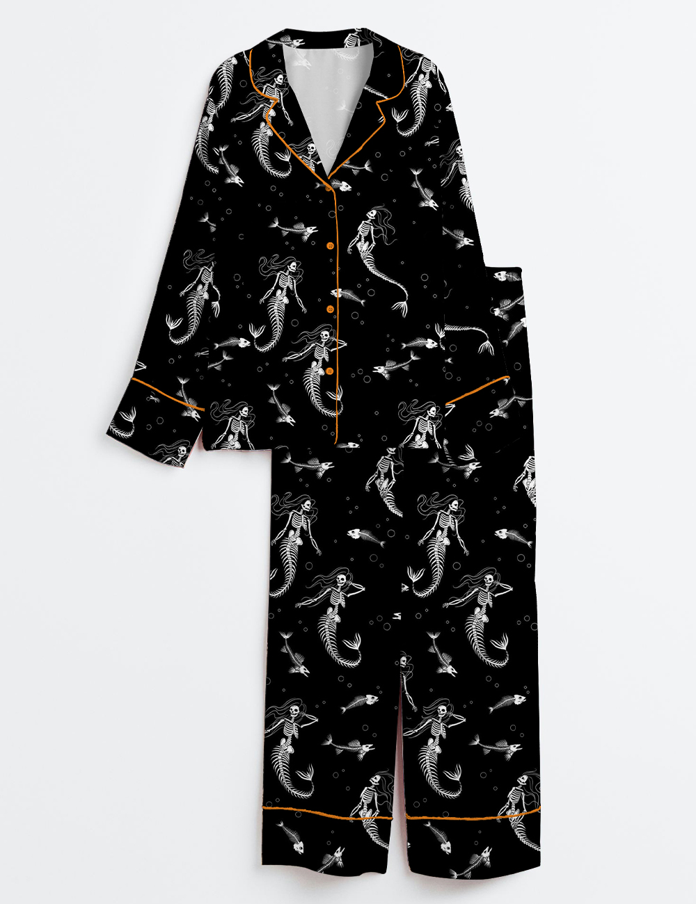 Womenâ€™s Skeleton Mermaid Spooky Season Halloween Long Sleeve Satin Pajama Set