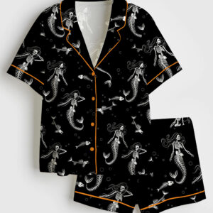 Womenâ€™s Skeleton Mermaid Spooky Season Halloween Short Sleeve Satin Pajama Set