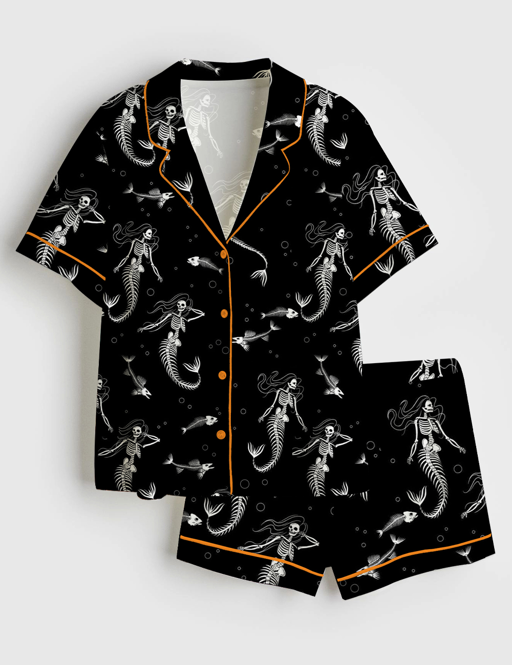 Womenâ€™s Skeleton Mermaid Spooky Season Halloween Short Sleeve Satin Pajama Set