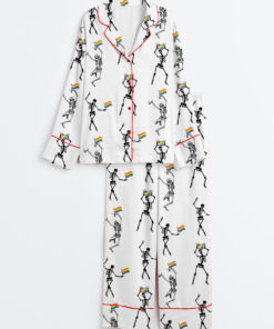 Women's Skeleton Pride Rainbow LGBTQ Funny Gay Pride Print Long Sleeve Satin Pajama Set