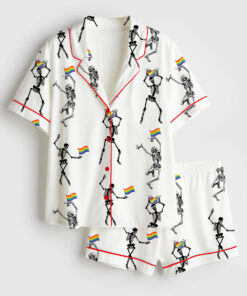 Women's Skeleton Pride Rainbow LGBTQ Funny Gay Pride Print Short Sleeve Satin Pajama Set