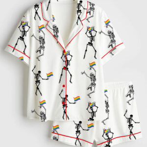 Womenâ€™s Skeleton Pride Rainbow LGBTQ Funny Gay Pride Print Short Sleeve Satin Pajama Set