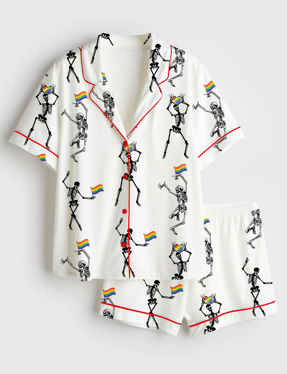 Womenâ€™s Skeleton Pride Rainbow LGBTQ Funny Gay Pride Print Short Sleeve Satin Pajama Set
