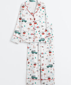 Women's Ski Dogs Gondolas Winter Skiing Christmas Holiday Jolly Season Long Sleeve Satin Pajama Set