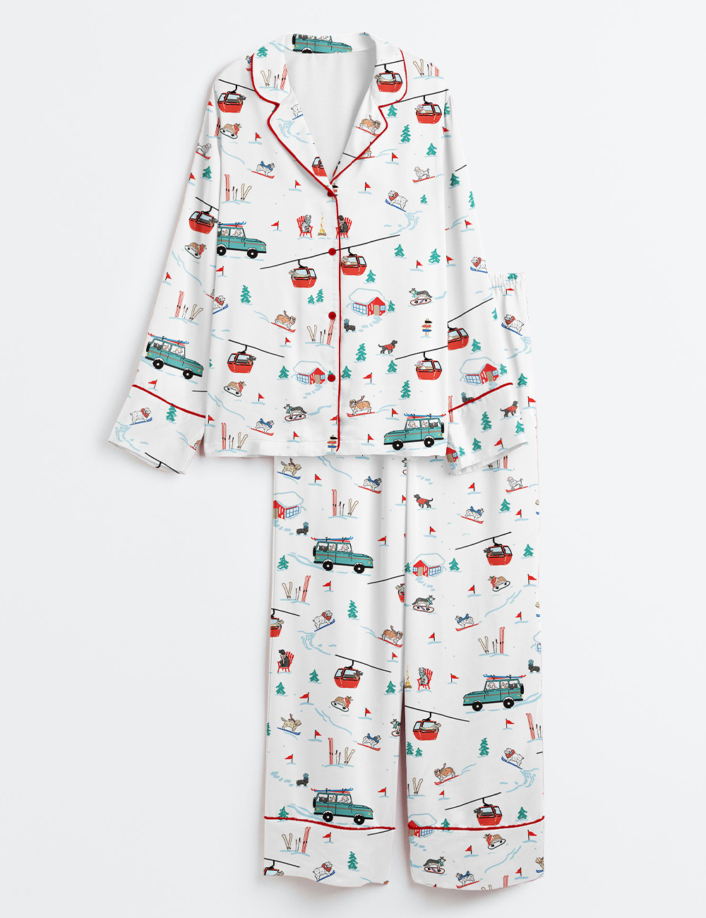 Womenâ€™s Ski Dogs Gondolas Winter Skiing Christmas Holiday Jolly Season Long Sleeve Satin Pajama Set