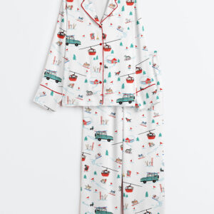 Women's Ski Dogs Gondolas Winter Skiing Christmas Holiday Jolly Season Long Sleeve Satin Pajamas Set