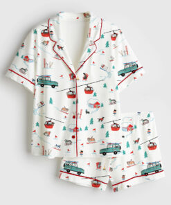 Women's Ski Dogs Gondolas Winter Skiing Christmas Holiday Jolly Season Short Sleeve Satin Pajama Set