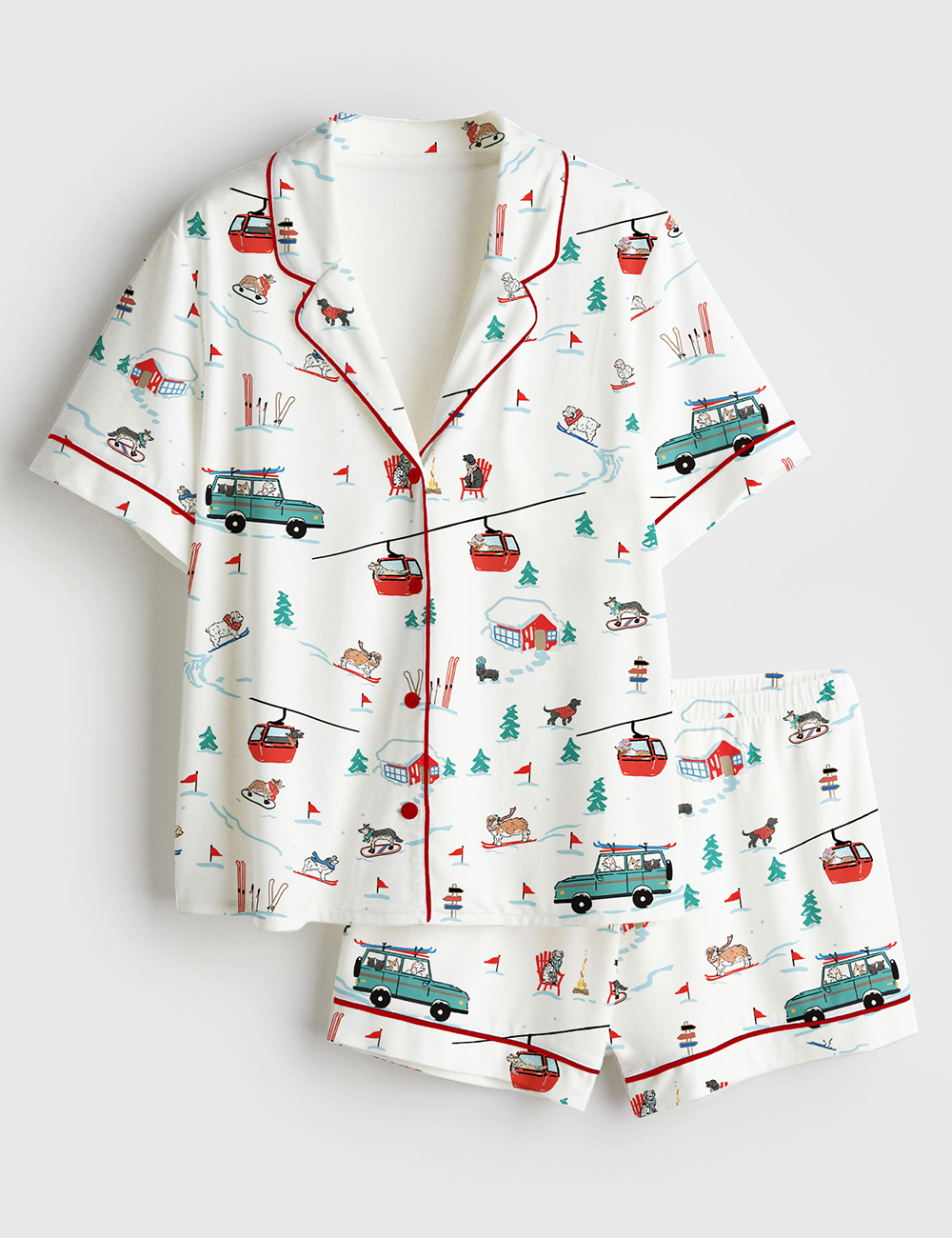 Womenâ€™s Ski Dogs Gondolas Winter Skiing Christmas Holiday Jolly Season Short Sleeve Satin Pajama Set