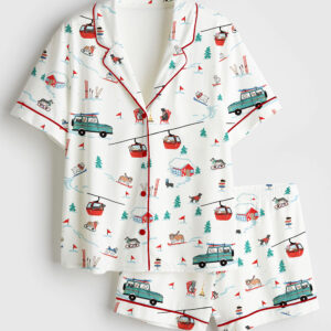 Women's Ski Dogs Gondolas Winter Skiing Christmas Holiday Jolly Season Short Sleeve Satin Pajama Set
