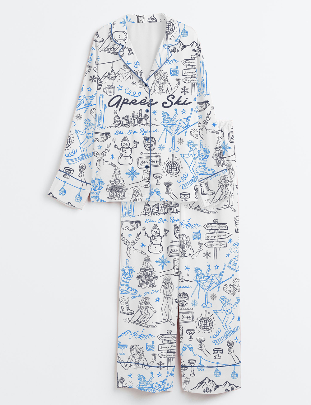 Womenâ€™s Skiing Apres Ski Winter Snow Holiday Long Sleeve Satin Pajama Set