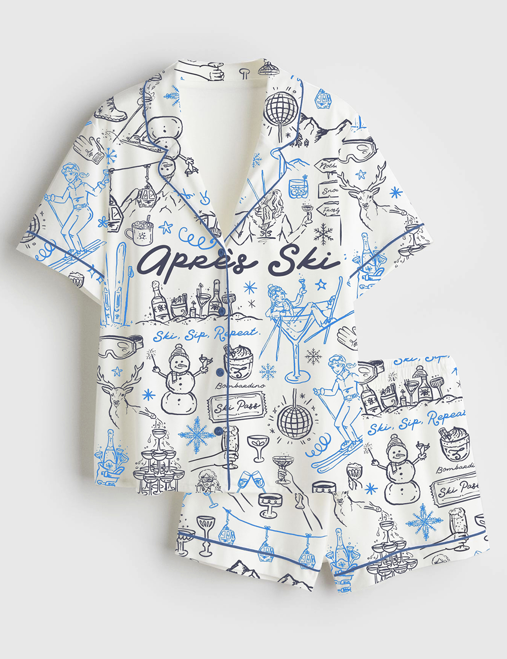 Womenâ€™s Skiing Apres Ski Winter Snow Holiday Short Sleeve Satin Pajama Set