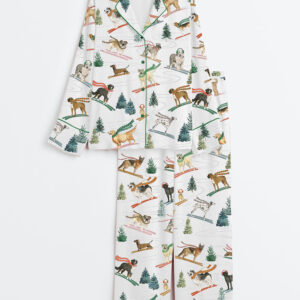 Women's Skiing Dogs Christmas Ski Dog Lover Long Sleeve Satin Pajama Set