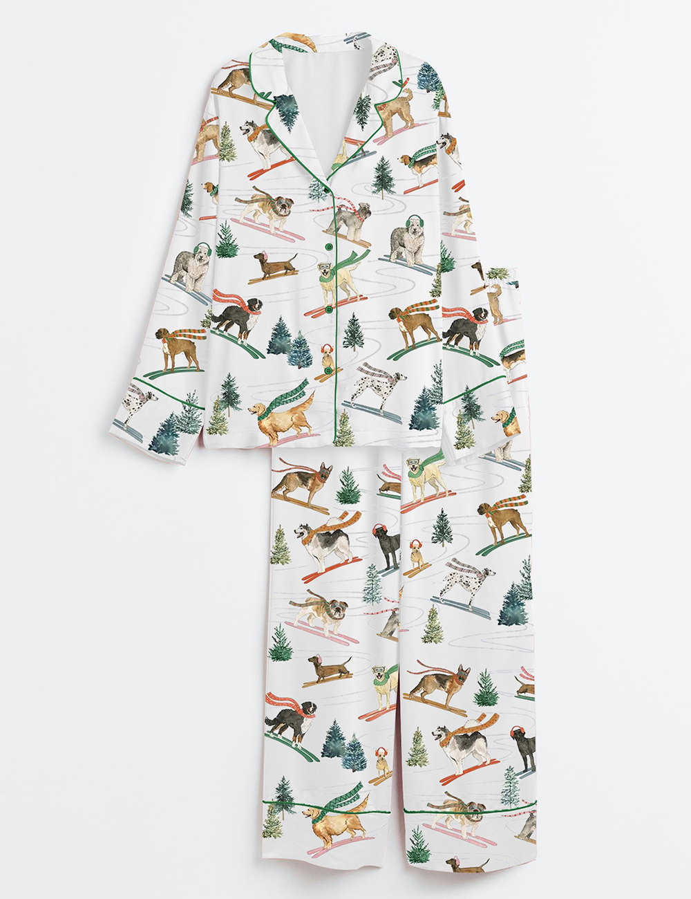 Women's Skiing Dogs Christmas Ski Dog Lover Long Sleeve Satin Pajama Set