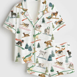 Women's Skiing Dogs Christmas Ski Dog Lover Short Sleeve Satin Pajama Set