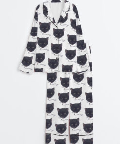 Women's Smoking Cat Long Sleeve Satin Pajamas Set