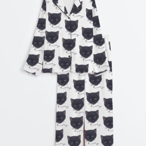 Women's Smoking Cat Long Sleeve Satin Pajamas Set