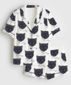 Women's Smoking Cat Short Sleeve Satin Pajama Set
