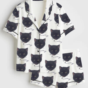Womenâ€™s Smoking Cat Short Sleeve Satin Pajama Set