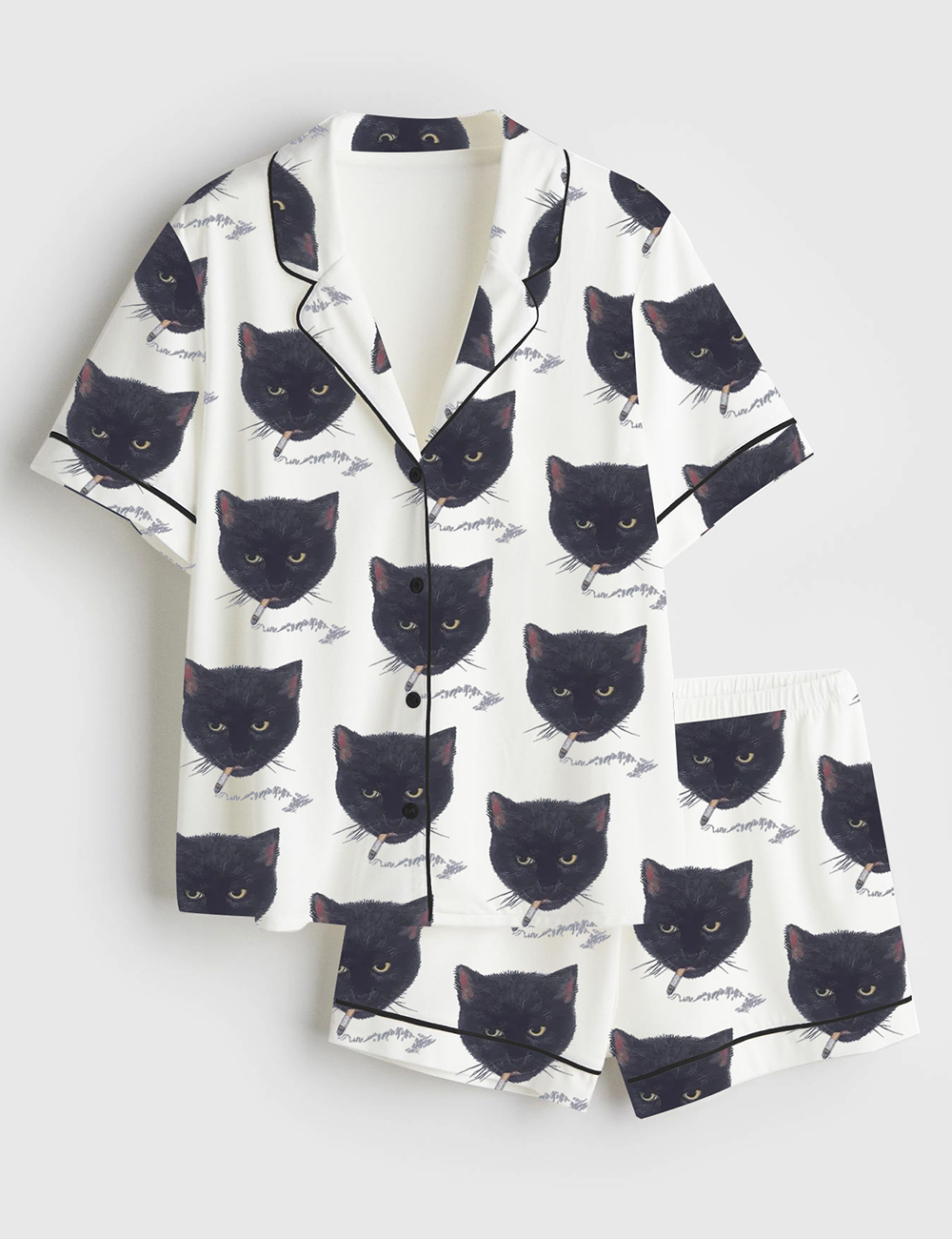 Womenâ€™s Smoking Cat Short Sleeve Satin Pajama Set