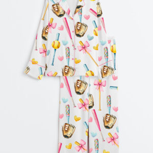 Women's Softball Bow Softball Mom Softball Girl Long Sleeve Satin Pajama Set