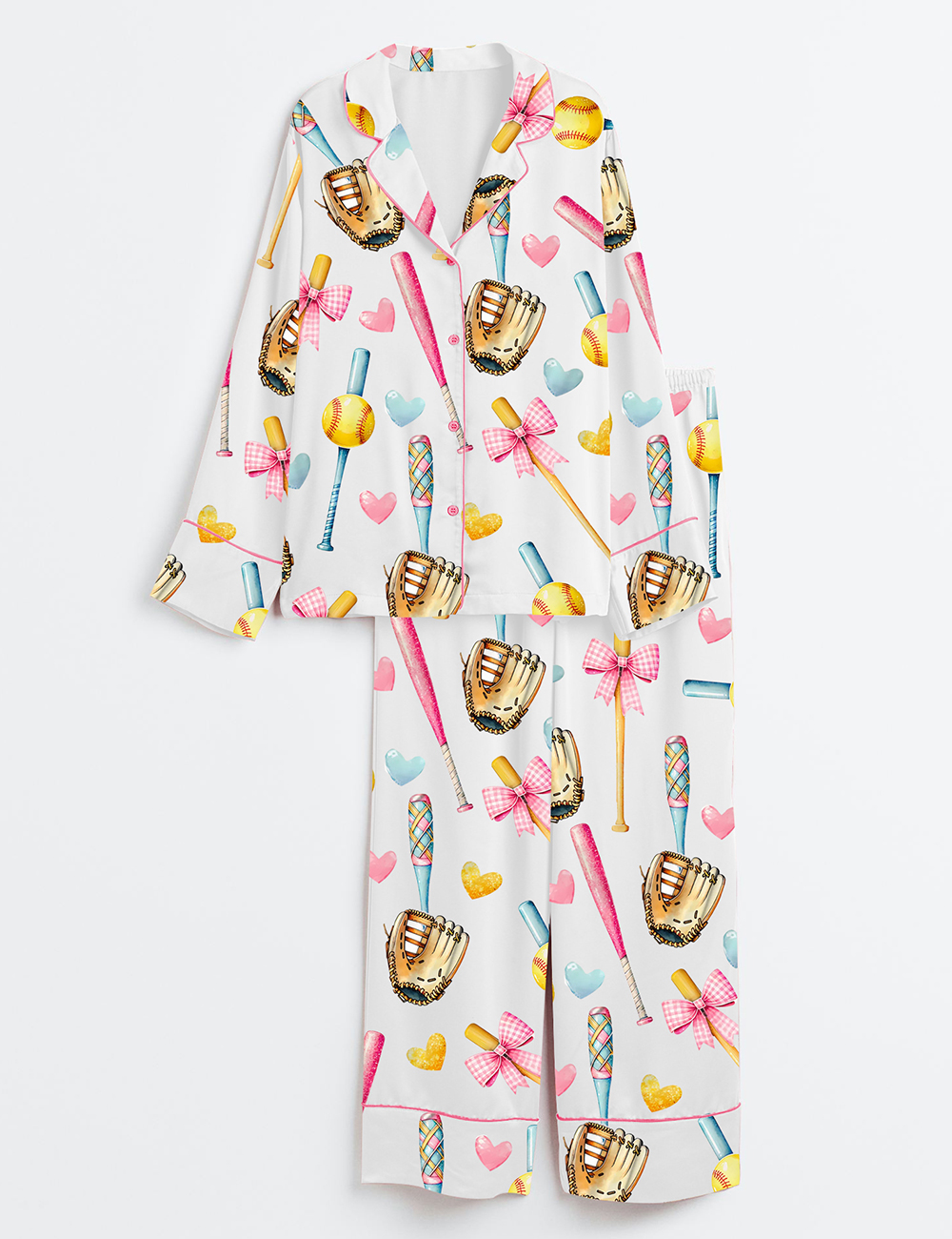 Womenâ€™s Softball Bow Softball Mom Softball Girl Long Sleeve Satin Pajama Set