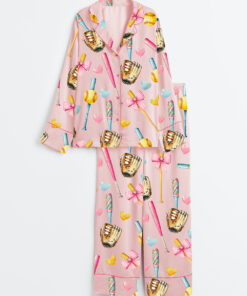 Alternative view of Women's Softball Bow Softball Mom Softball Girl Long Sleeve Satin Pajamas Set