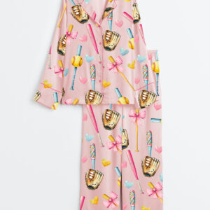 Alternative view of Women's Softball Bow Softball Mom Softball Girl Long Sleeve Satin Pajamas Set